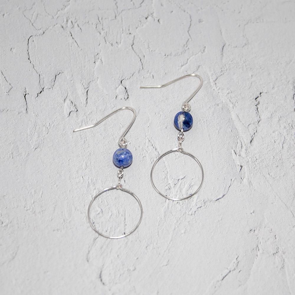 Elegant Hoop on the Sodalite Drop Earrings featuring natural sodalite stones and silver-plated copper hoops, handcrafted in the USA.