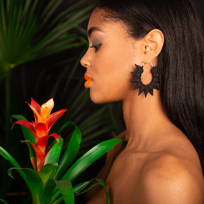 Hoops XL Earrings - Rainforest featuring vibrant colors and tropical flower design, made from lightweight nylon with sterling silver hooks.