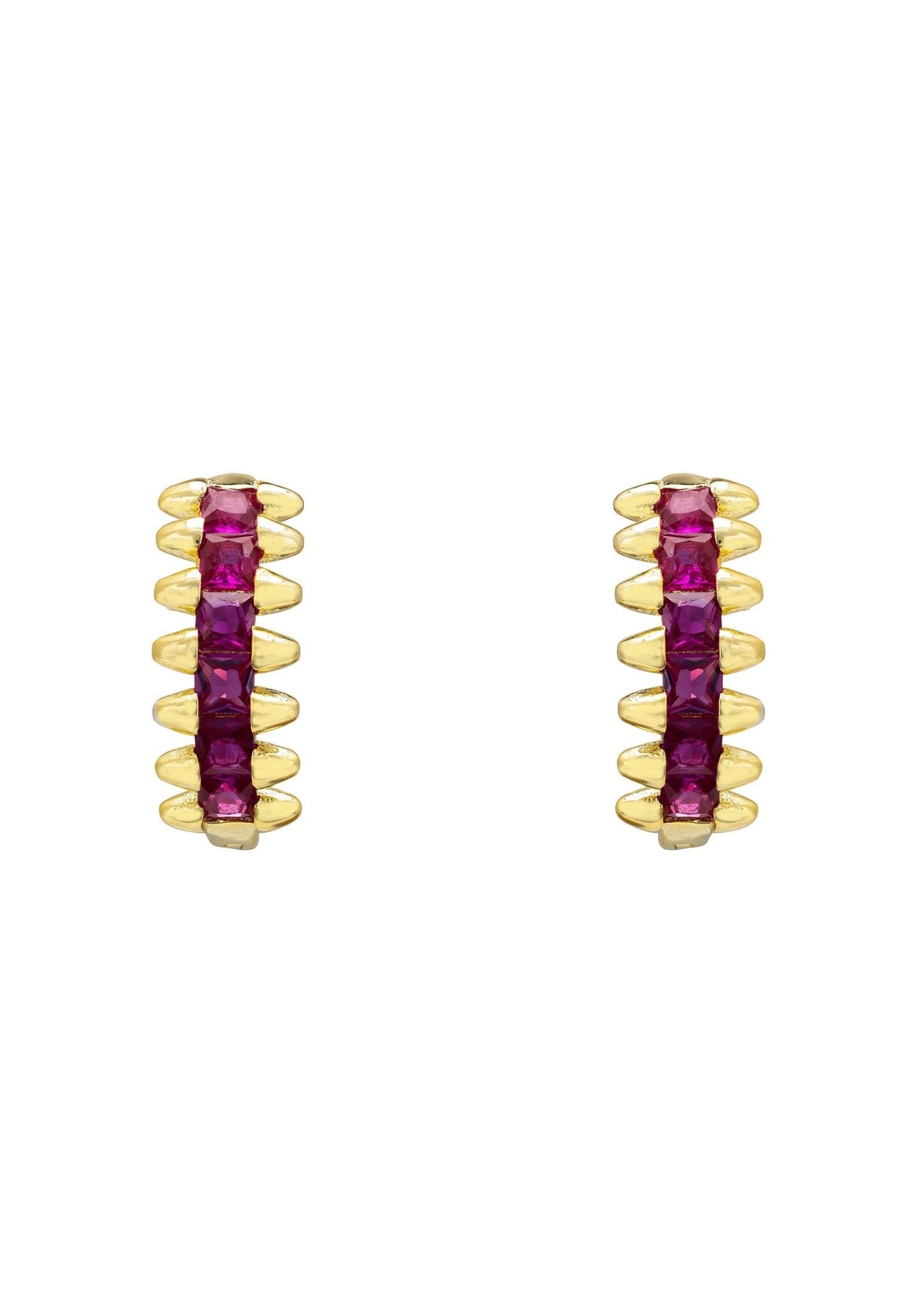 Elegant Huggie hoop Earrings in Ruby Gold with lab-created ruby gemstones set in 18ct gold plated sterling silver.