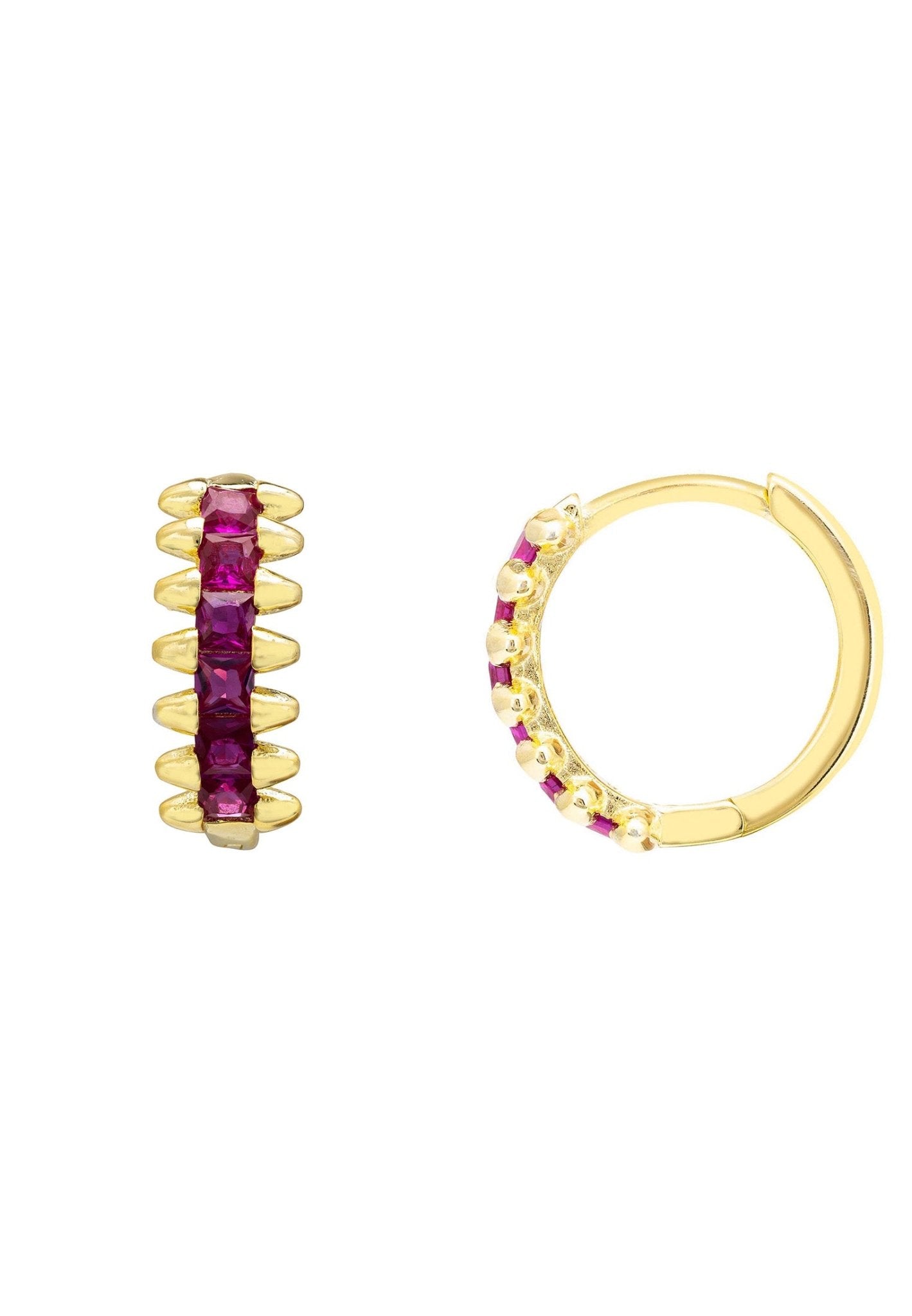 Elegant Huggie hoop Earrings in Ruby Gold with lab-created ruby gemstones set in 18ct gold plated sterling silver.