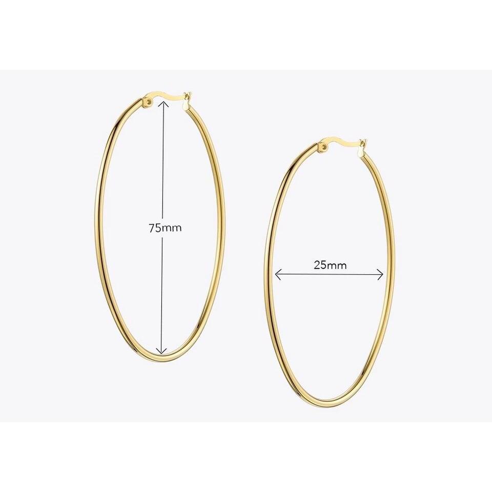 A pair of Hula Oval Hoops made from stainless steel with a gold plated finish, showcasing their elegant oval shape and tarnish-resistant quality.