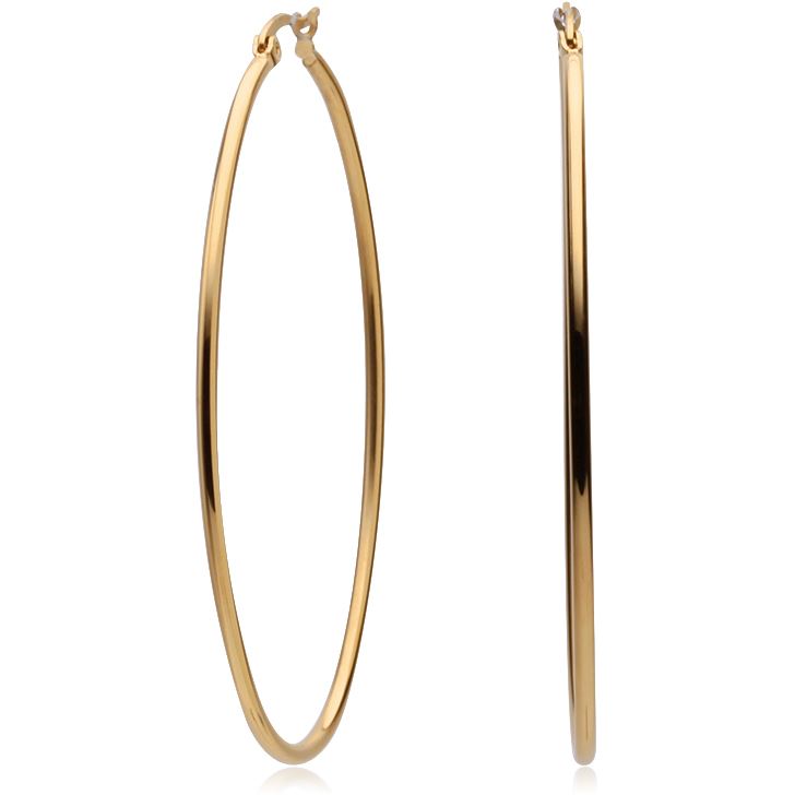 A pair of Hula Oval Hoops made from stainless steel with a gold plated finish, showcasing their elegant oval shape and tarnish-resistant quality.