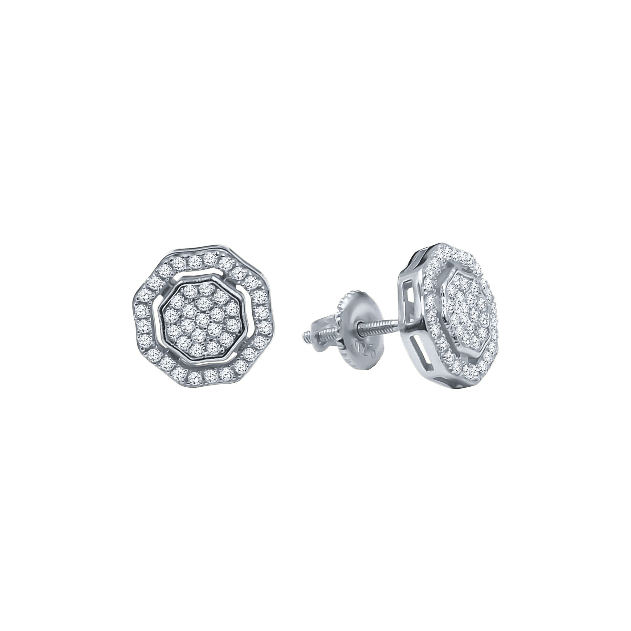 Hunk Screw Back earrings featuring diamond-shaped accents, crafted from brass copper metal with sparkling cubic zircon stones.