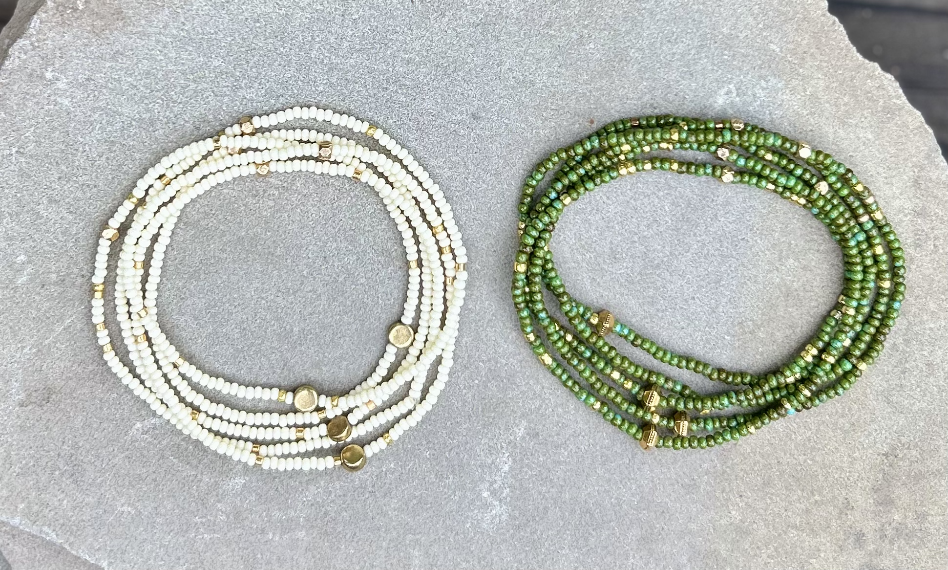 Hunter Green & Gold-Sprinkle Beaded Boho Wrap Bracelet featuring dark green Czech glass beads and metallic gold accents, elegantly wrapped around a wrist.