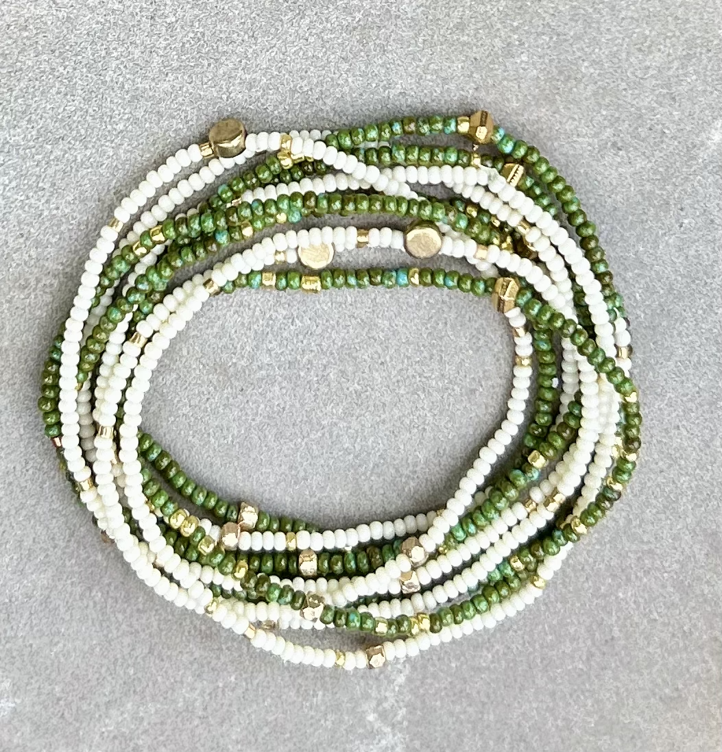 Hunter Green & Gold-Sprinkle Beaded Boho Wrap Bracelet featuring dark green Czech glass beads and metallic gold accents, elegantly wrapped around a wrist.