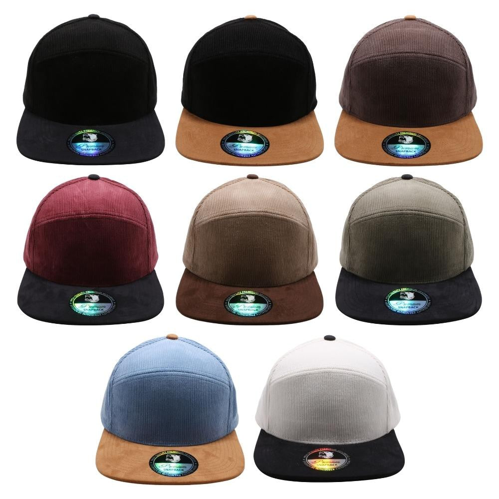 A pack of 6 Hybrid Corduroy Camper Hats in various colors, featuring a high-profile design and flat visor, made from premium polyester fabric.