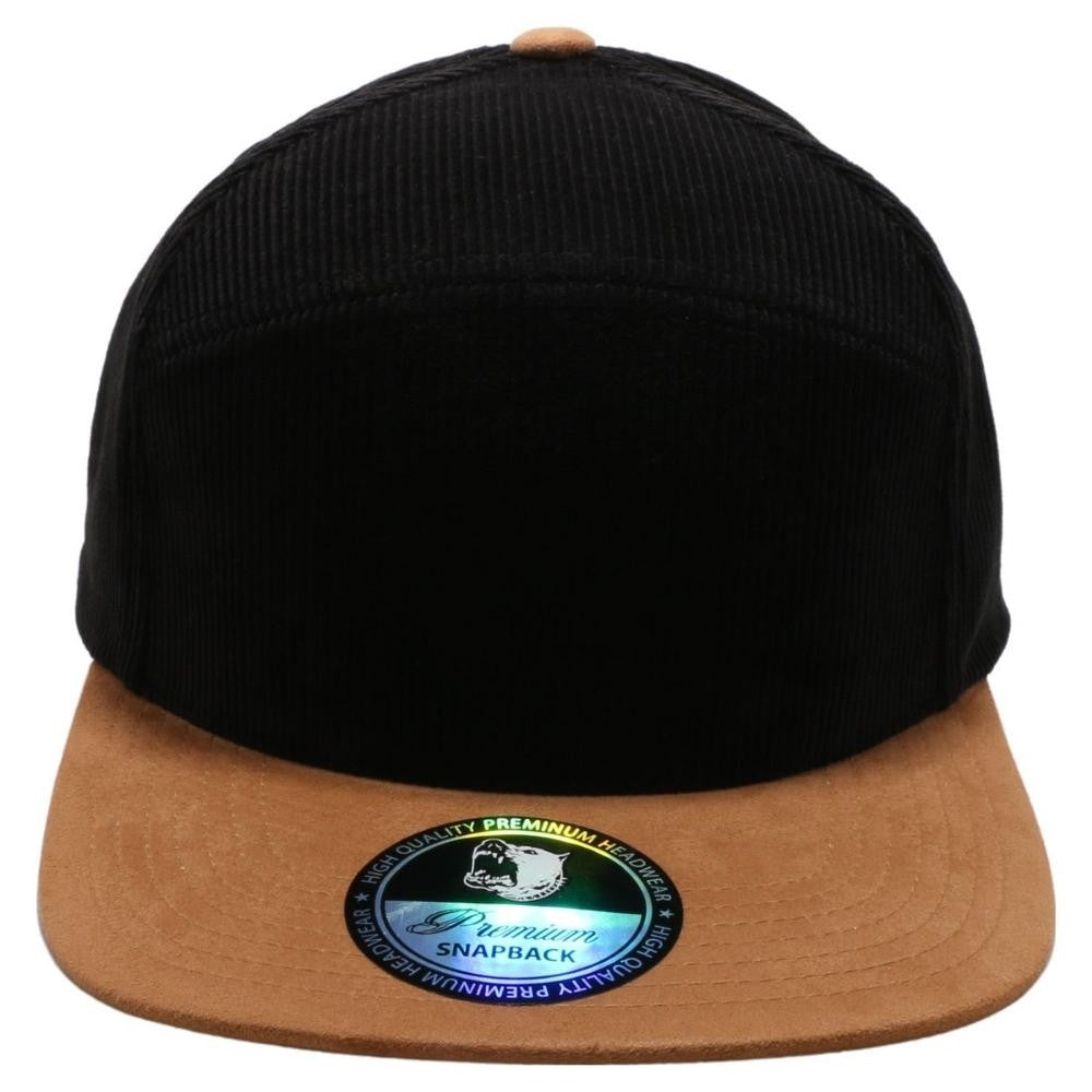 A pack of 6 Hybrid Corduroy Camper Hats in various colors, featuring a high-profile design and flat visor, made from premium polyester fabric.