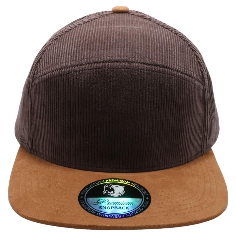 A pack of 6 Hybrid Corduroy Camper Hats in various colors, featuring a high-profile design and flat visor, made from premium polyester fabric.