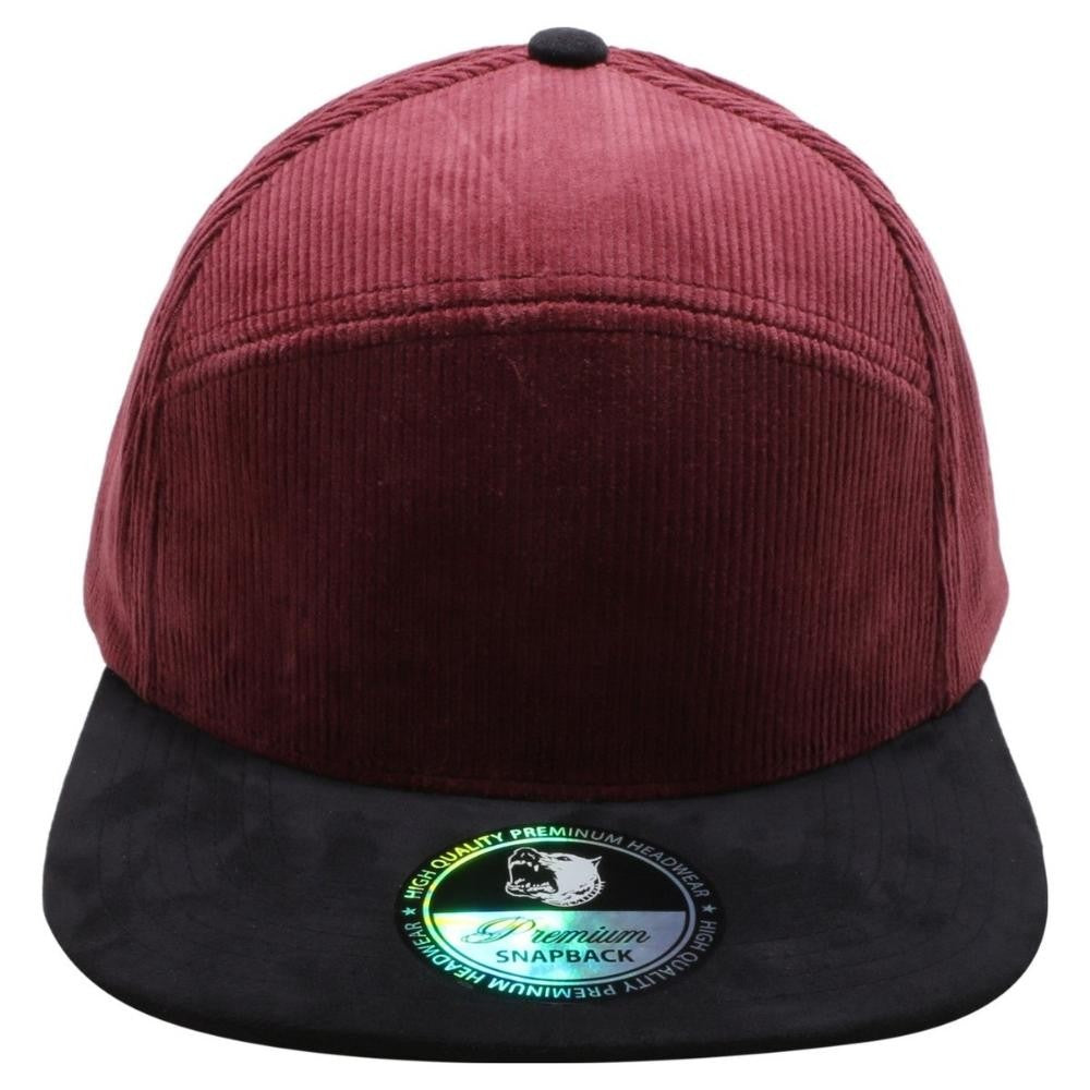 A pack of 6 Hybrid Corduroy Camper Hats in various colors, featuring a high-profile design and flat visor, made from premium polyester fabric.