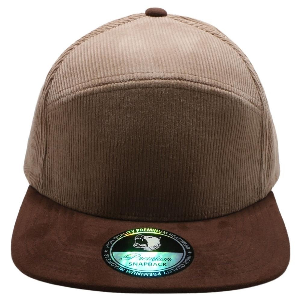 A pack of 6 Hybrid Corduroy Camper Hats in various colors, featuring a high-profile design and flat visor, made from premium polyester fabric.