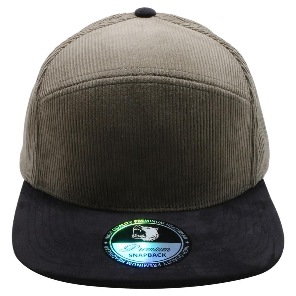 A pack of 6 Hybrid Corduroy Camper Hats in various colors, featuring a high-profile design and flat visor, made from premium polyester fabric.