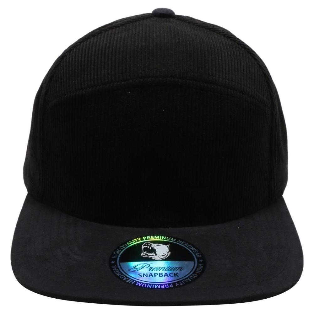 A pack of 6 Hybrid Corduroy Camper Hats in various colors, featuring a high-profile design and flat visor, made from premium polyester fabric.