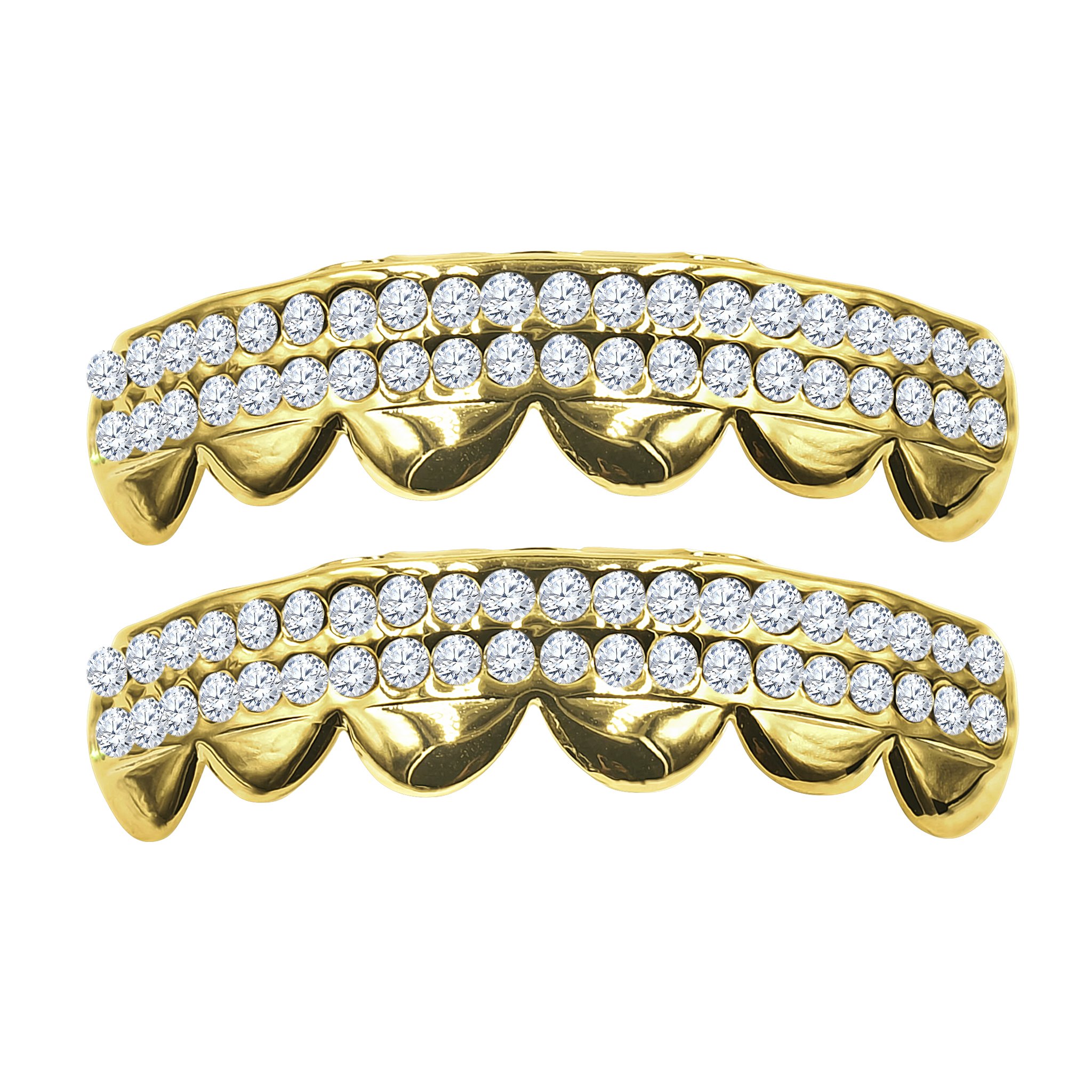 I 910031 grillz set featuring solid golden color and sparkling CZ stones, designed for a luxurious look.