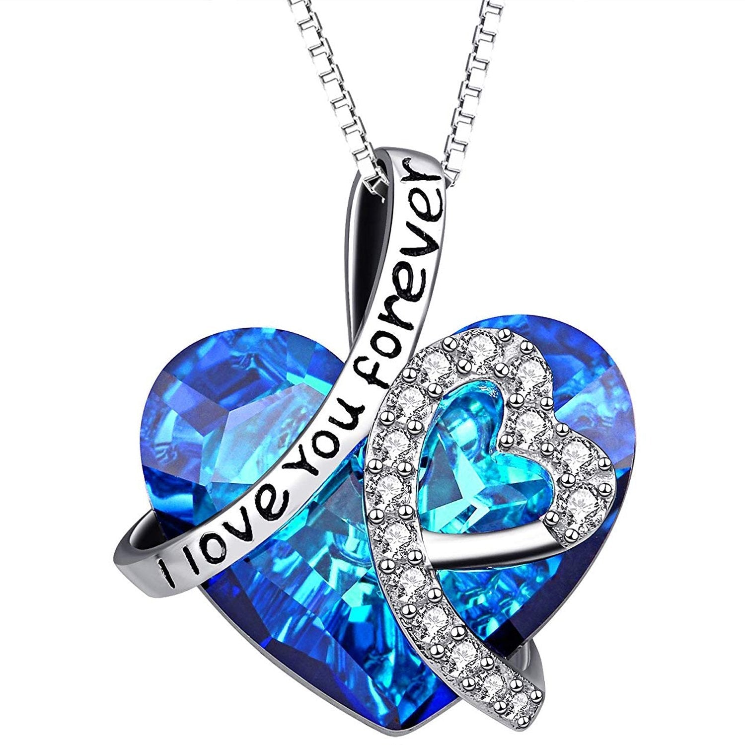 I LOVE YOU FOREVER Blue Crystal Heart Necklace in 18K White Gold, featuring a heart-shaped Bermuda Blue crystal and elegant gift box.