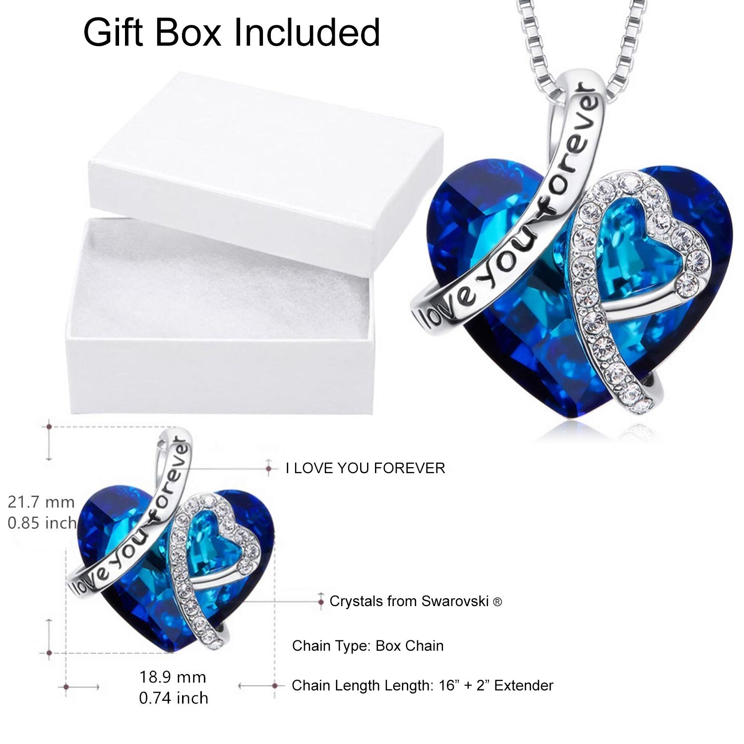 I LOVE YOU FOREVER Blue Crystal Heart Necklace in 18K White Gold, featuring a heart-shaped Bermuda Blue crystal and elegant gift box.