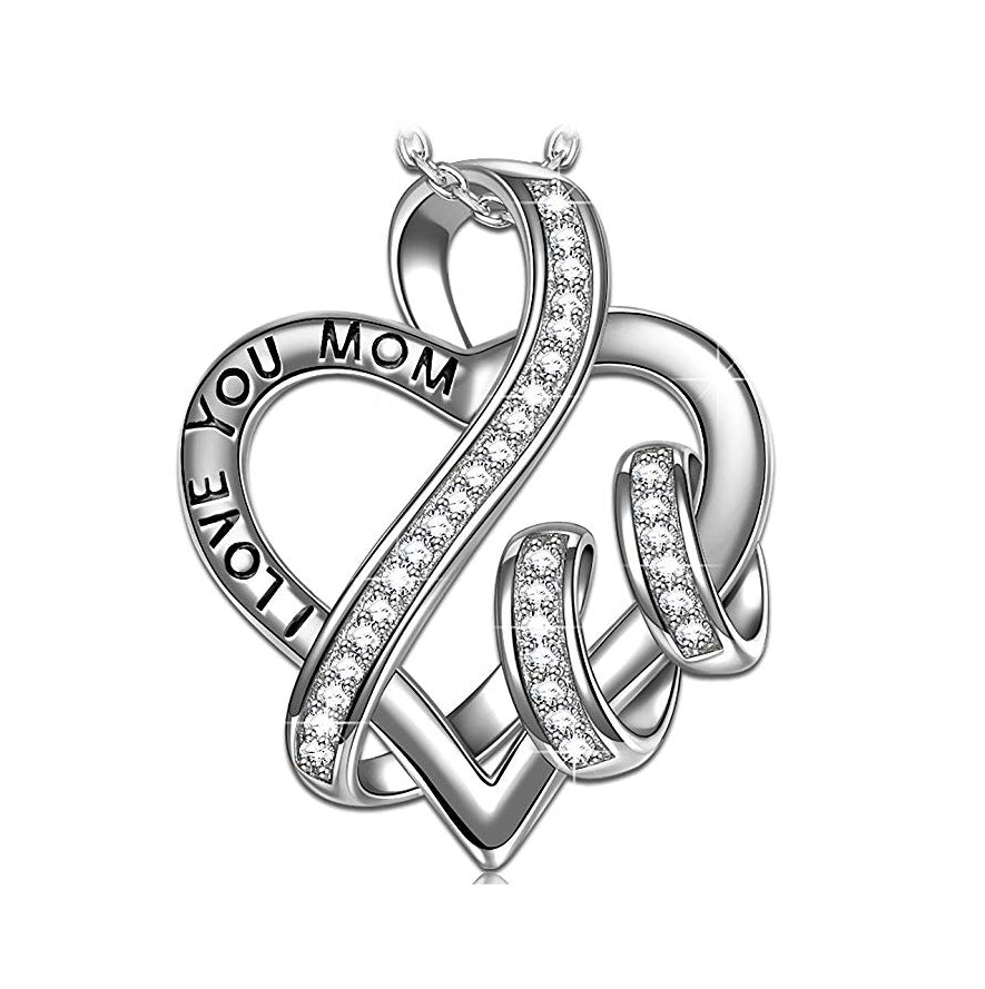 I Love You Mom Heart Necklace featuring a rhodium plated heart pendant with cubic zirconia stones on a link chain.