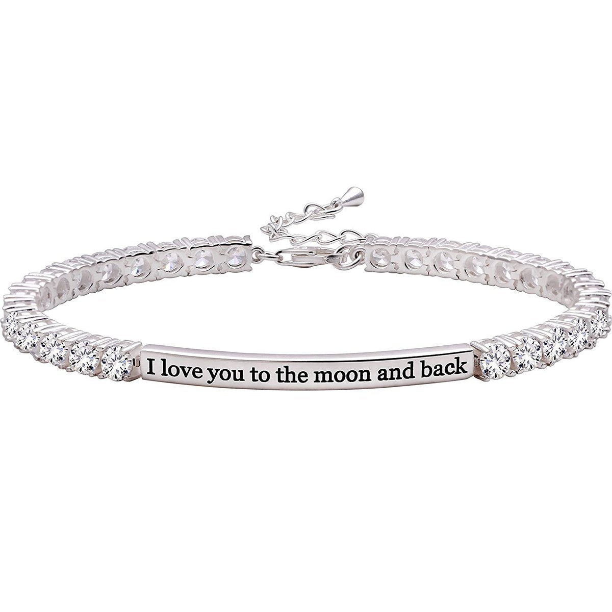 I LOVE YOU TO THE MOON AND BACK Bracelet featuring 18K white gold plating and Austrian crystals, designed in Italy.