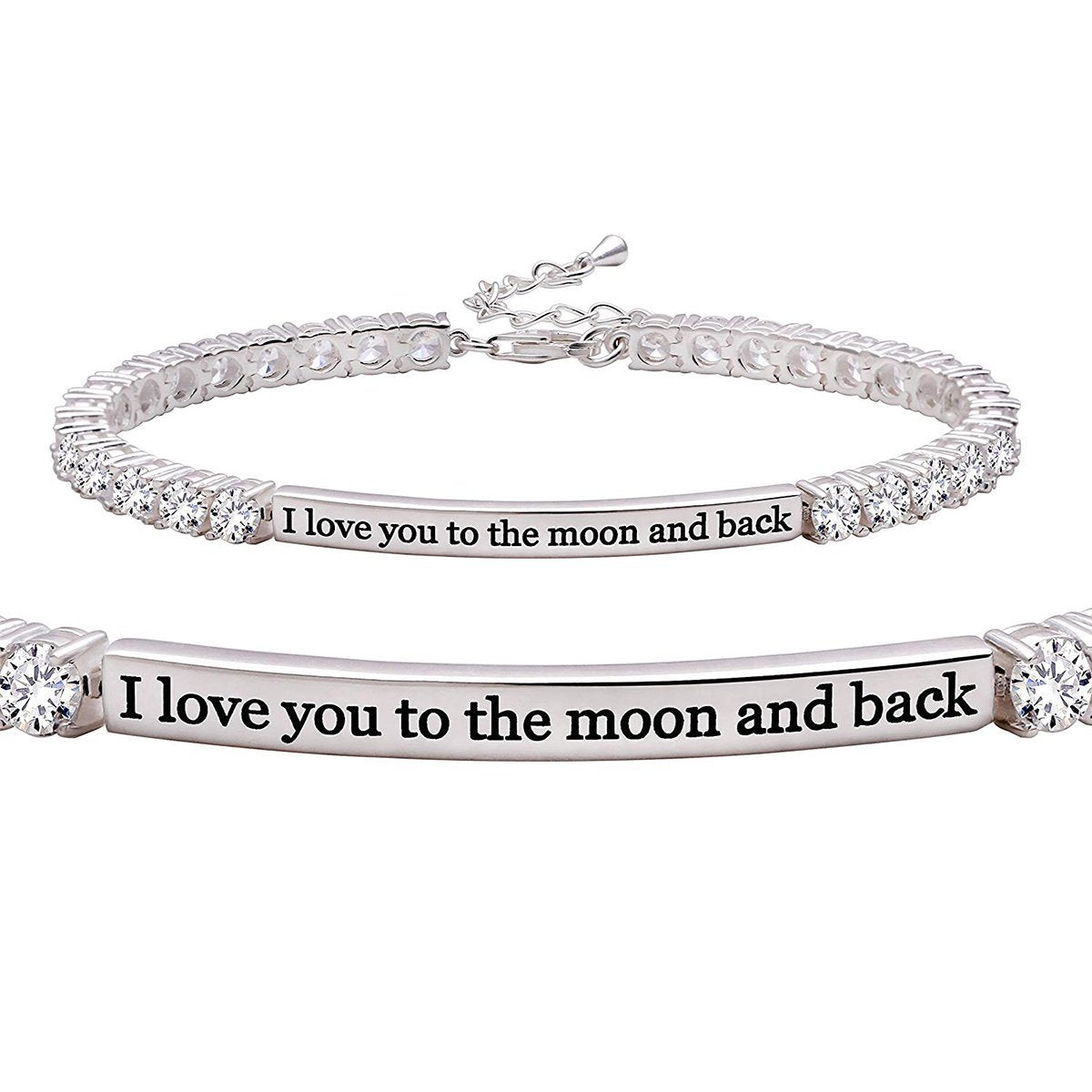 I LOVE YOU TO THE MOON AND BACK Bracelet featuring 18K white gold plating and Austrian crystals, designed in Italy.