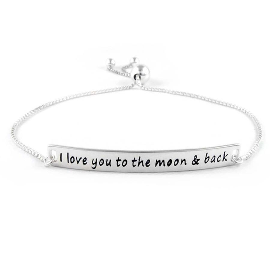 I Love You to the Moon & Back Silver Plated Bracelet with box chain design and pull closure, elegantly inscribed with a heartfelt message.