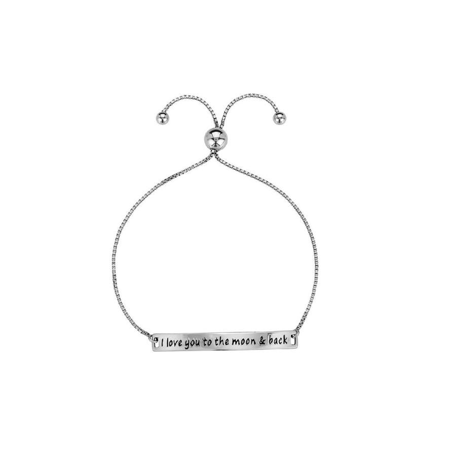 I Love You to the Moon & Back Silver Plated Bracelet with box chain design and pull closure, elegantly inscribed with a heartfelt message.