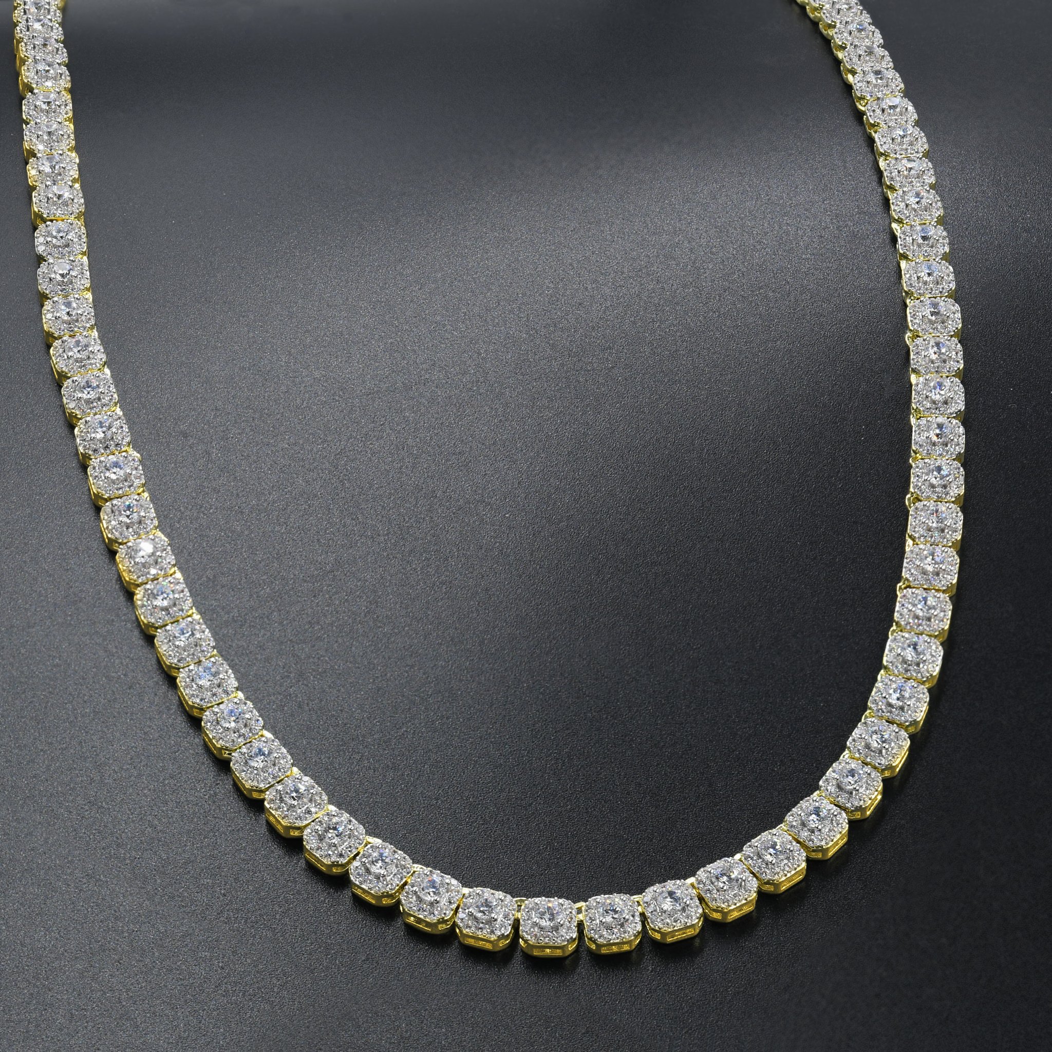 ICECUBE 5 MM Square Tennis Chain featuring AAA cubic zirconia, available in rhodium and gold plating, elegantly designed for a luxurious look.