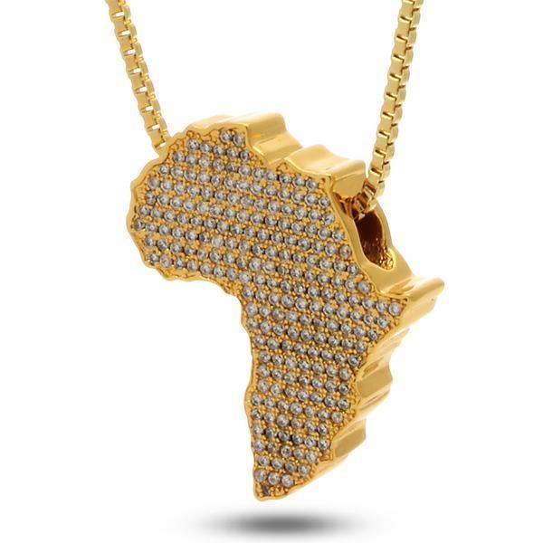 ICED OUT Mother Africa Diamond Pendant Necklace featuring simulated diamonds and an 18K gold box chain, elegantly designed for all occasions.