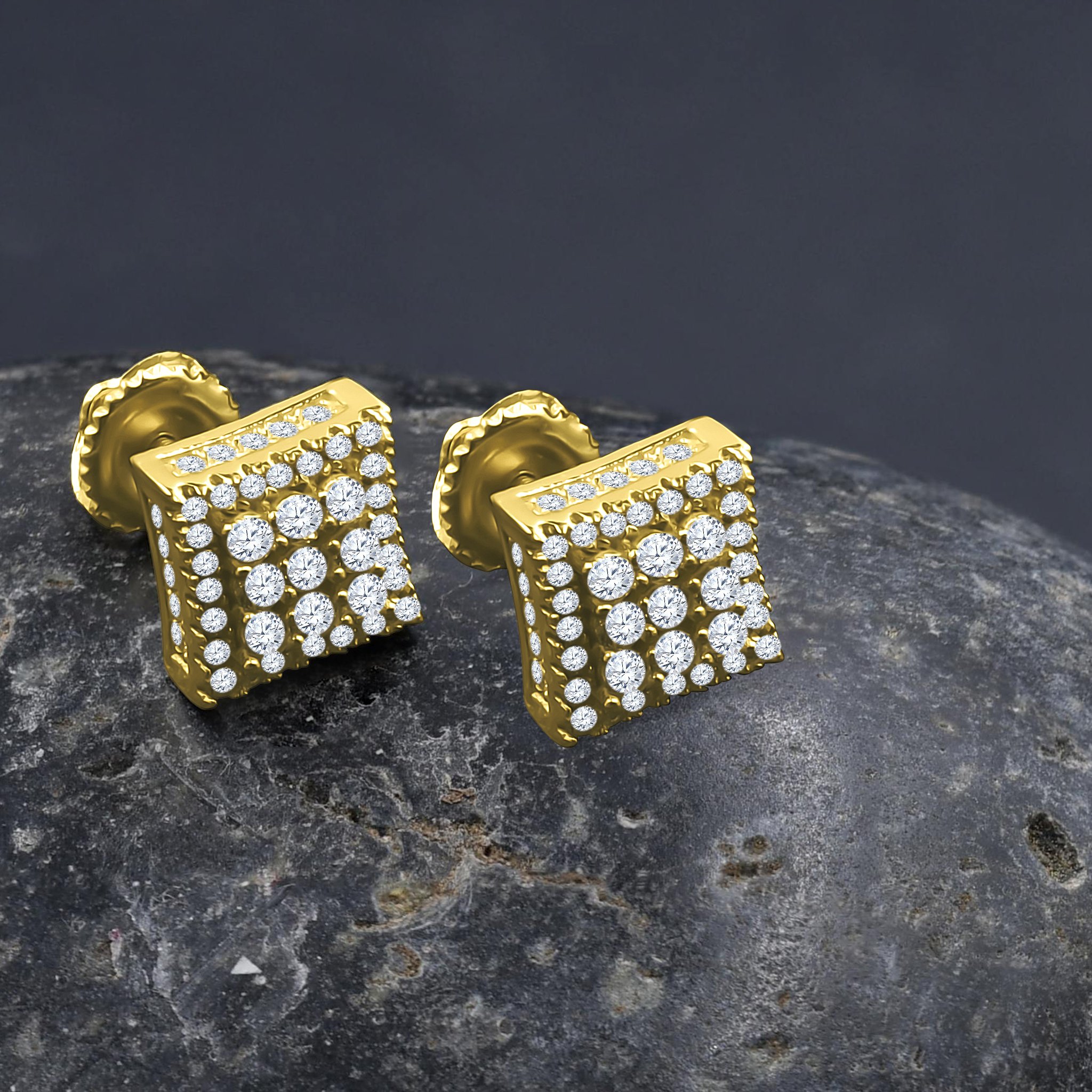 Illumine Screw Back earrings featuring geometric design and sparkling cubic zircon stones, elegantly crafted in brass copper metal.