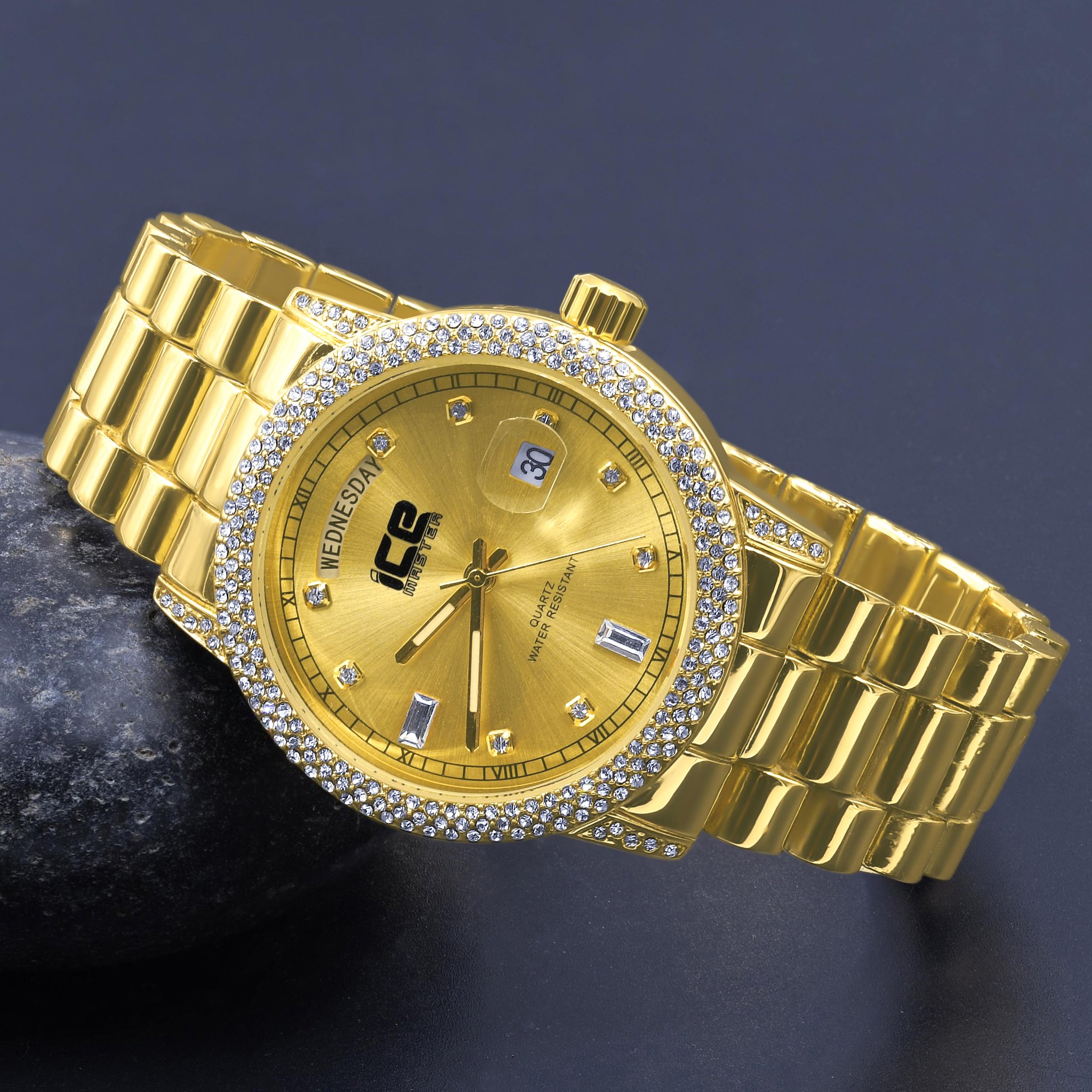 Incandescent Bling Metal Watch featuring a polished stainless metal band and luminescent CZ stones on the bezel.