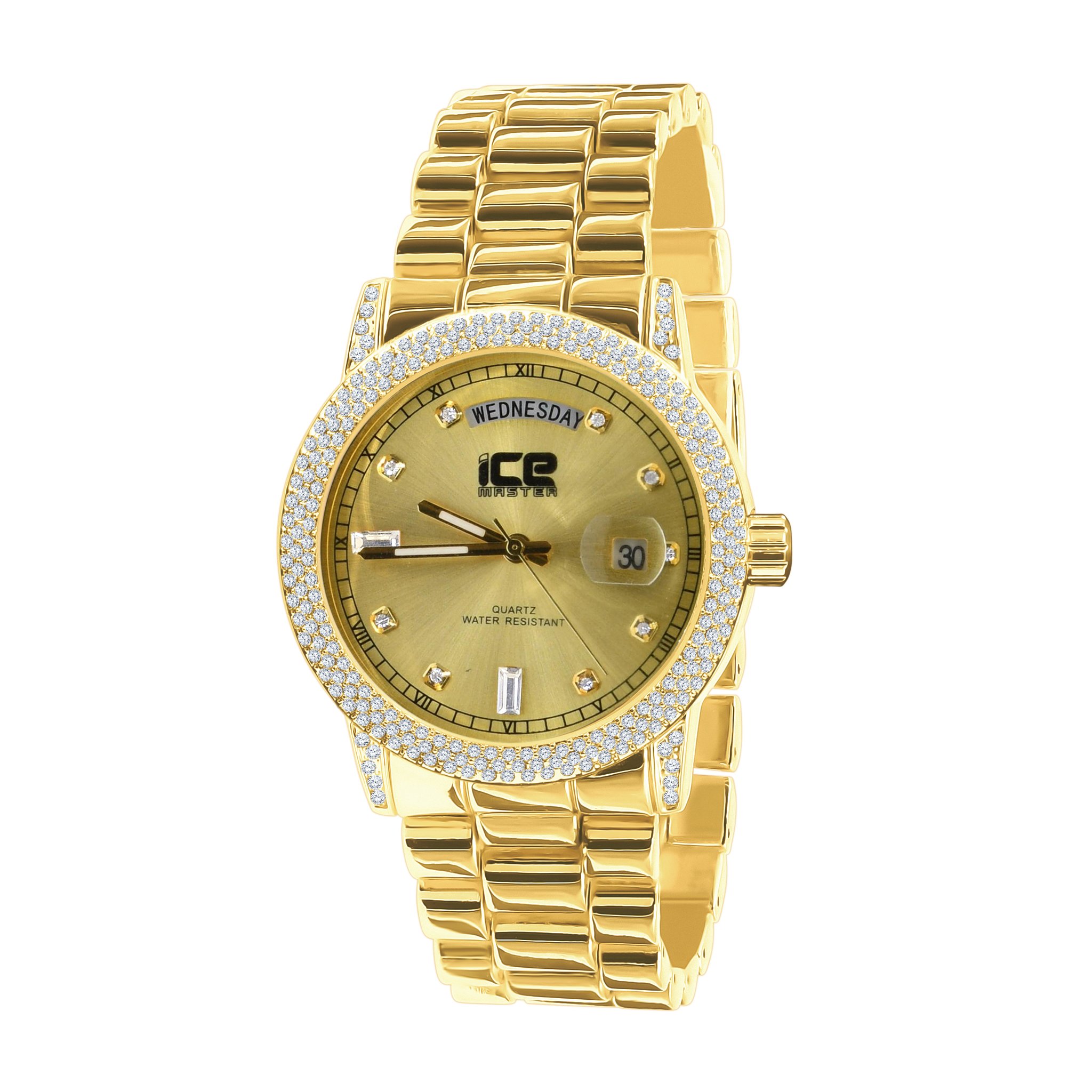 Incandescent Bling Metal Watch featuring a polished stainless metal band and luminescent CZ stones on the bezel.