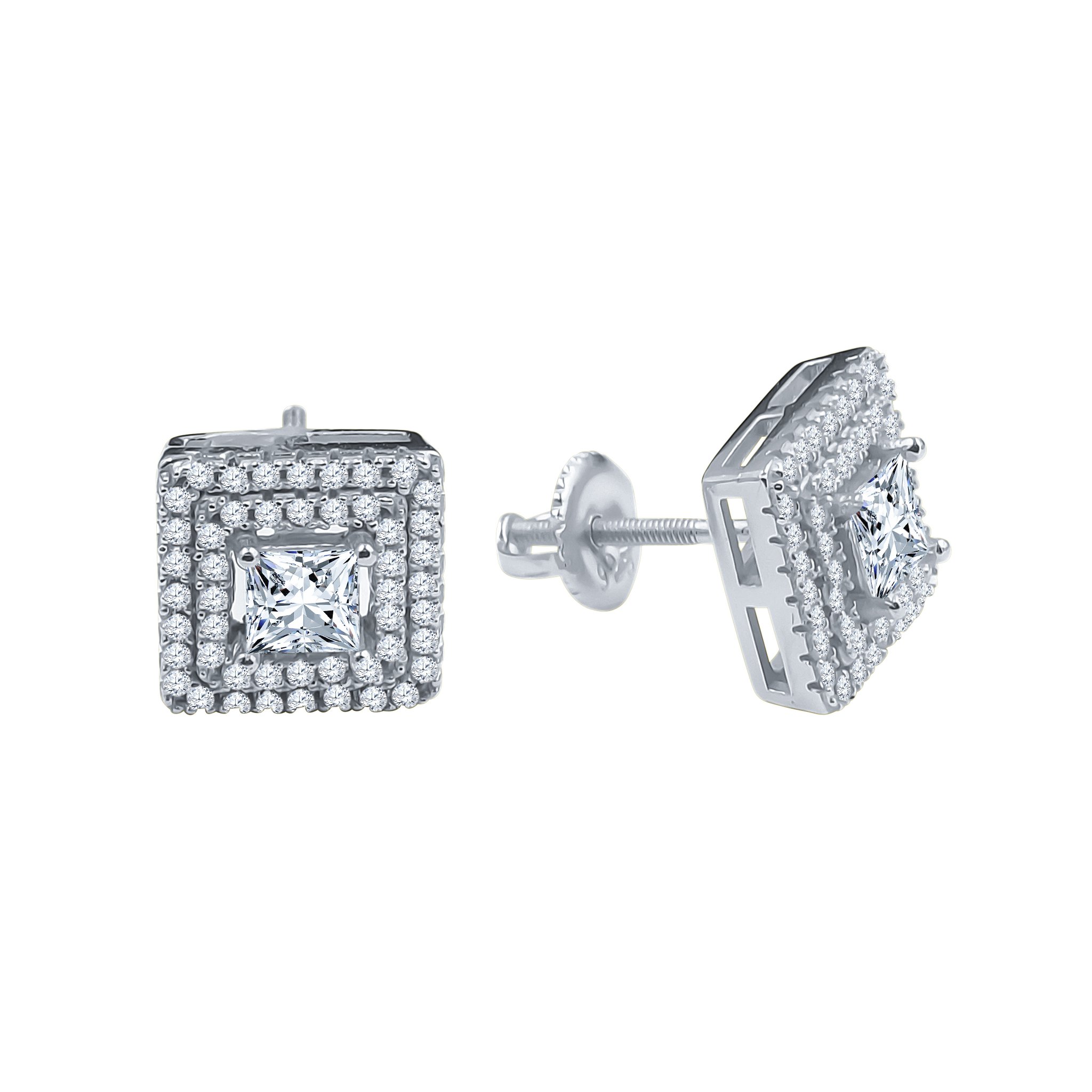 A pair of INCANDESCENT screw back earrings featuring a central cubic zirconia stone and a square motif design, elegantly crafted from brass copper metal.