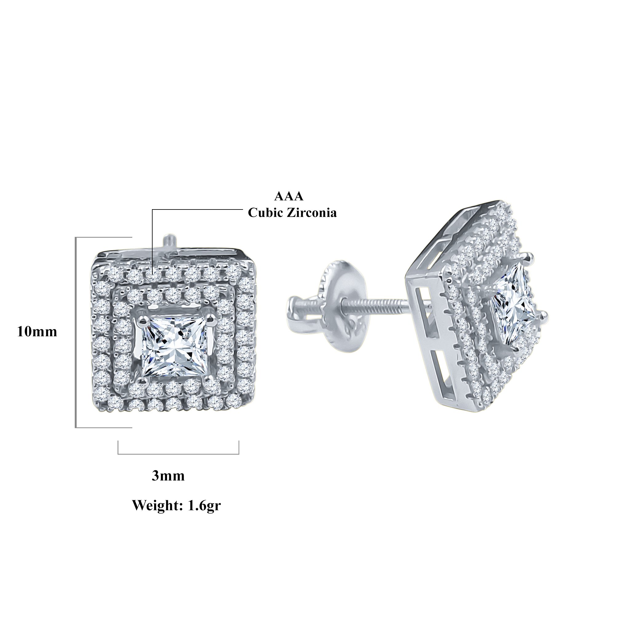 A pair of INCANDESCENT screw back earrings featuring a central cubic zirconia stone and a square motif design, elegantly crafted from brass copper metal.