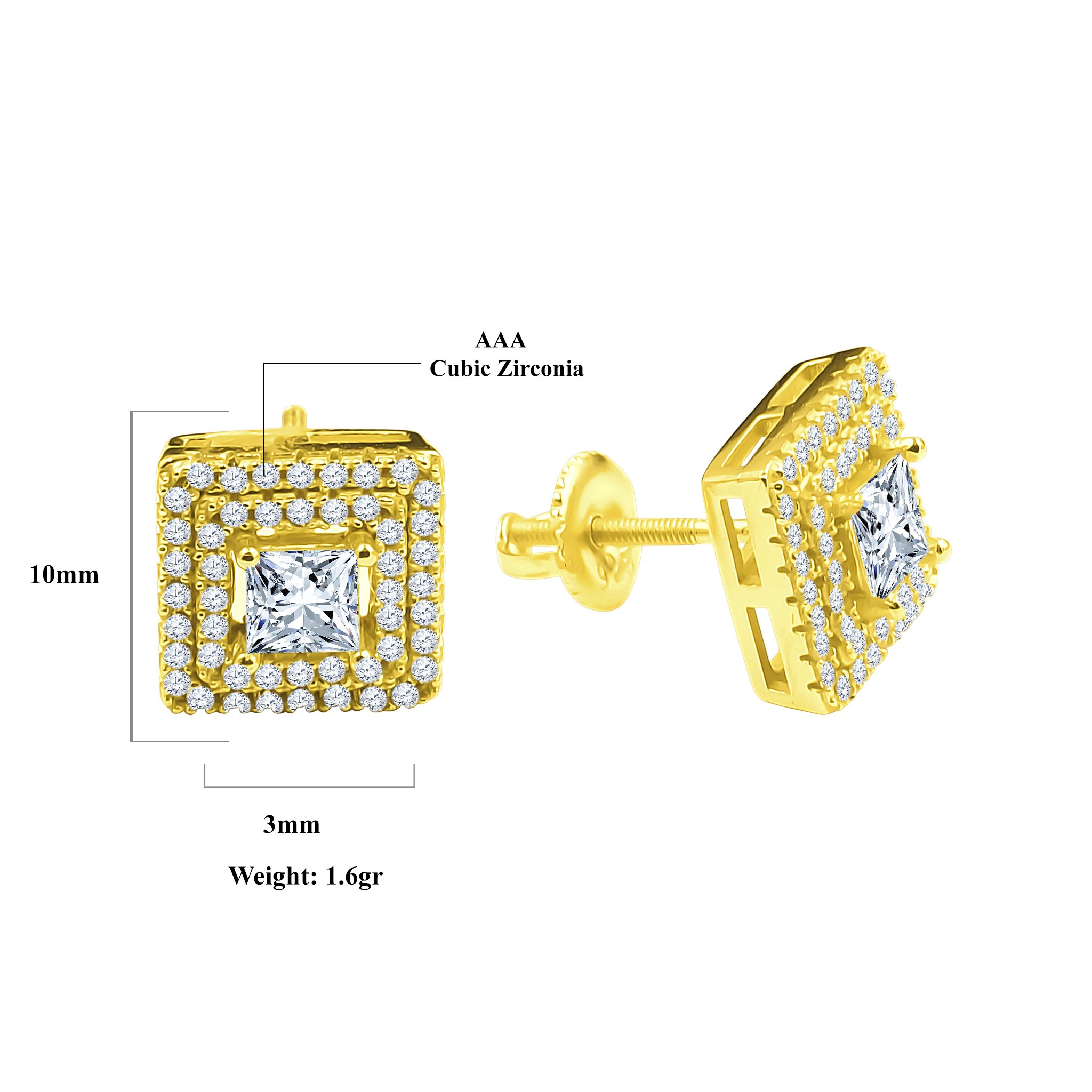 A pair of Incandescent Screw Back earrings featuring a central cubic zirconia stone surrounded by smaller stones in a square design, crafted from brass copper metal.