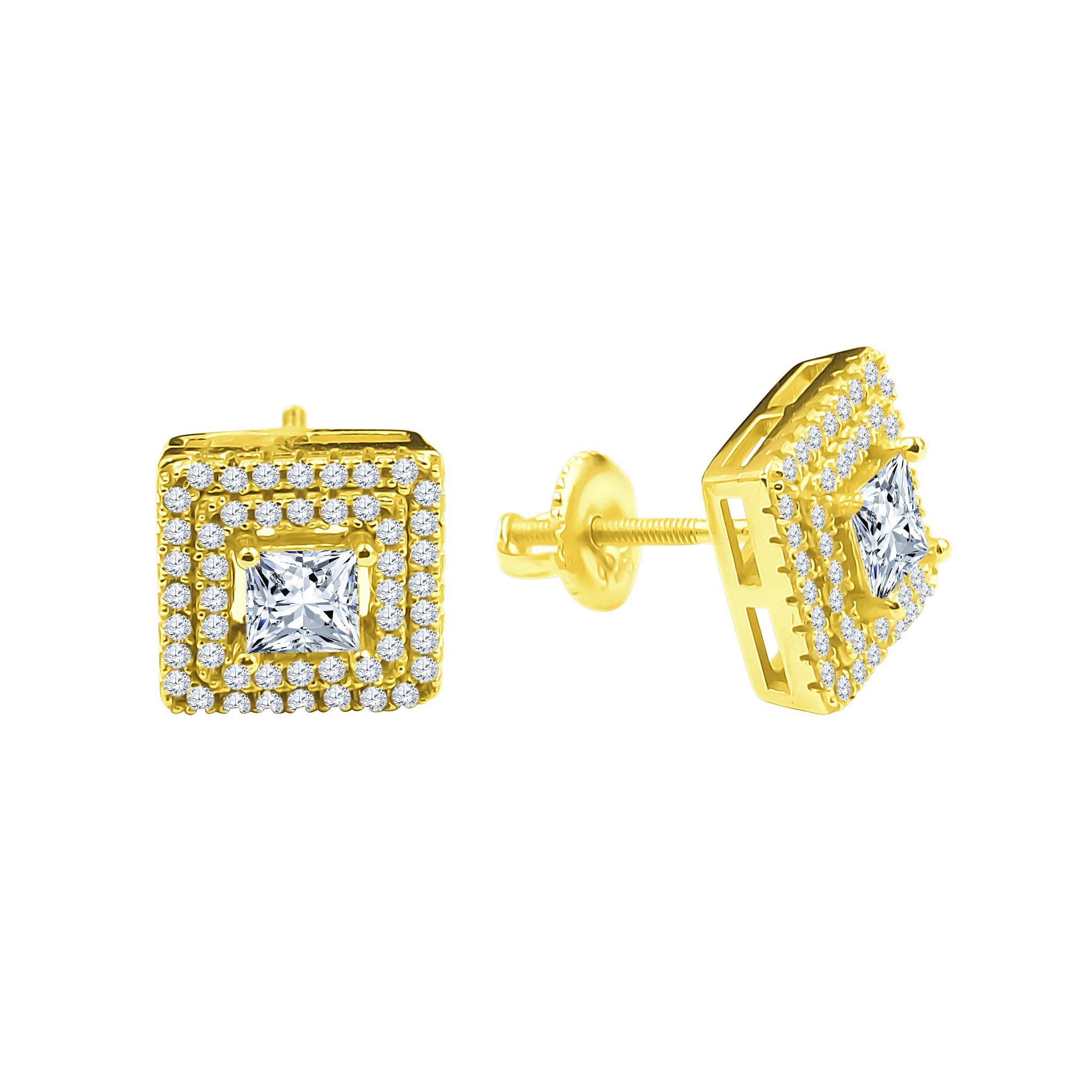 A pair of Incandescent Screw Back earrings featuring a central cubic zirconia stone surrounded by smaller stones in a square design, crafted from brass copper metal.