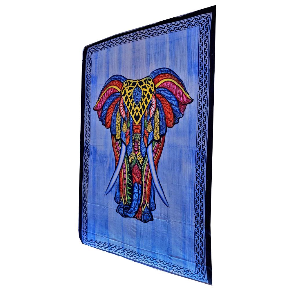 A vibrant Indian Bohemian Elephant tapestry featuring intricate brushstroke patterns, showcasing an elephant with a long trunk and large ears, perfect for wall decor.