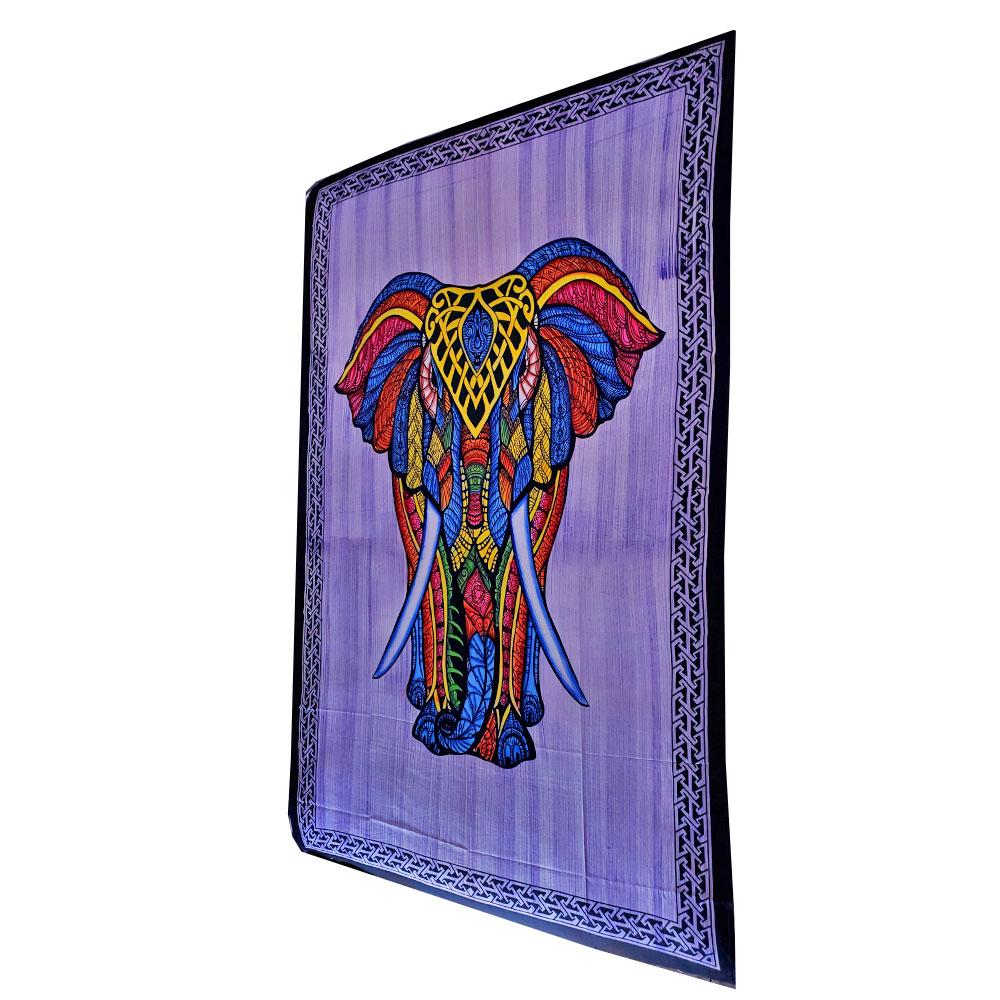 A vibrant Indian Bohemian Elephant tapestry featuring intricate brushstroke patterns, showcasing an elephant with a long trunk and large ears, perfect for wall decor.