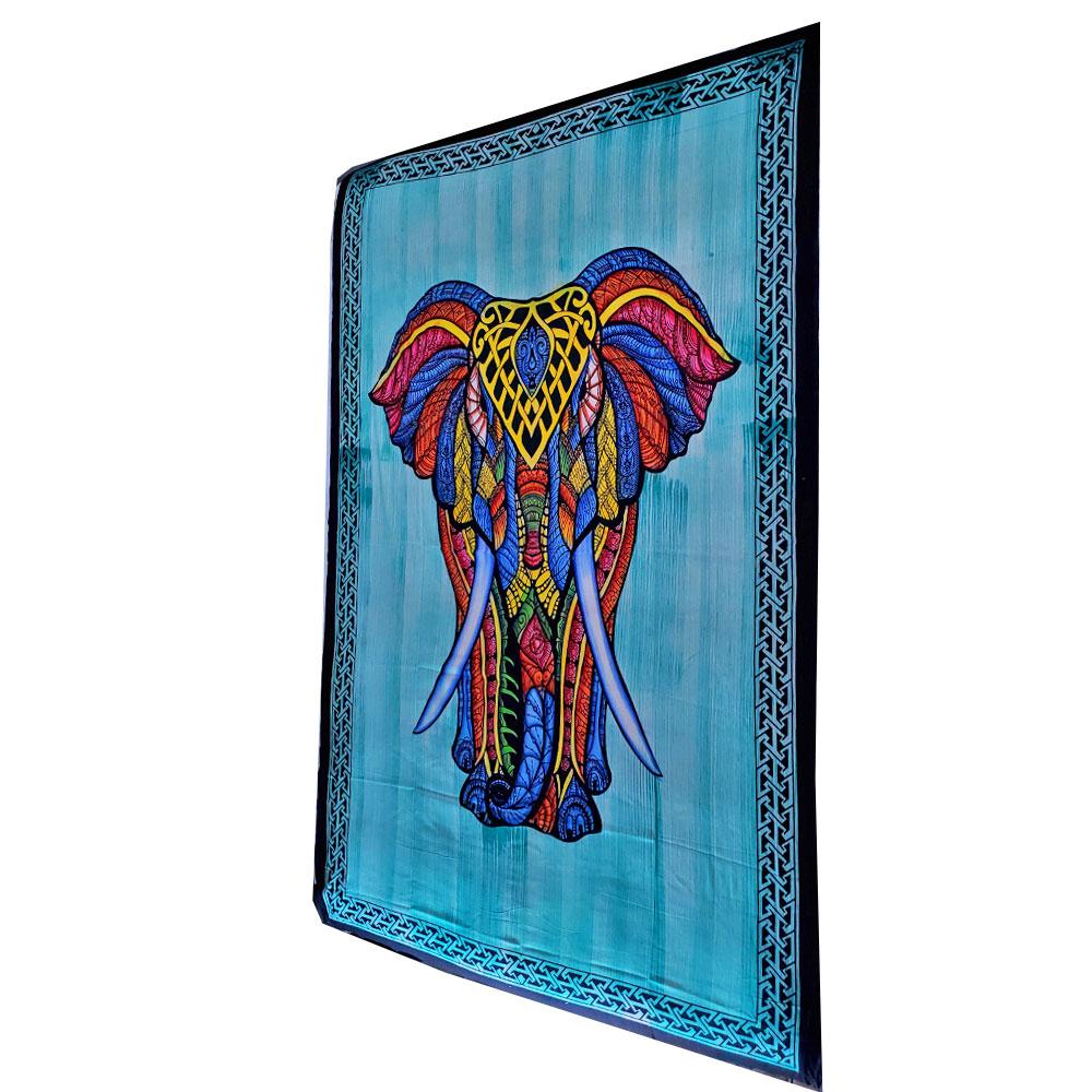 A vibrant Indian Bohemian Elephant tapestry featuring intricate brushstroke patterns, showcasing an elephant with a long trunk and large ears, perfect for wall decor.