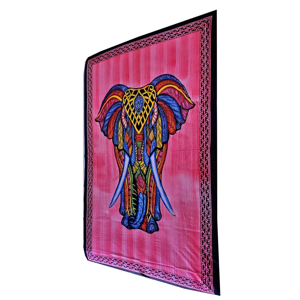 A vibrant Indian Bohemian Elephant tapestry featuring intricate brushstroke patterns, showcasing an elephant with a long trunk and large ears, perfect for wall decor.