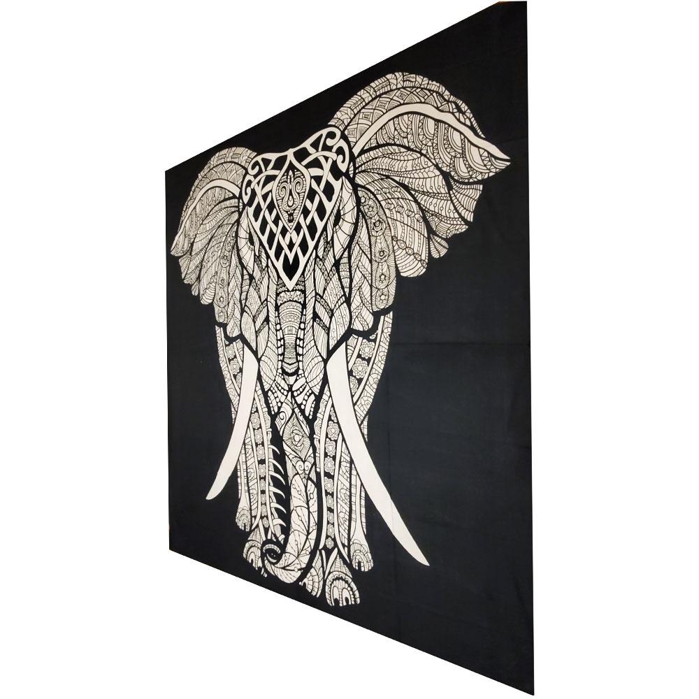 A vibrant Indian Bohemian Elephant Tapestry featuring a majestic elephant design in psychedelic colors, perfect for wall hanging or bedspread.