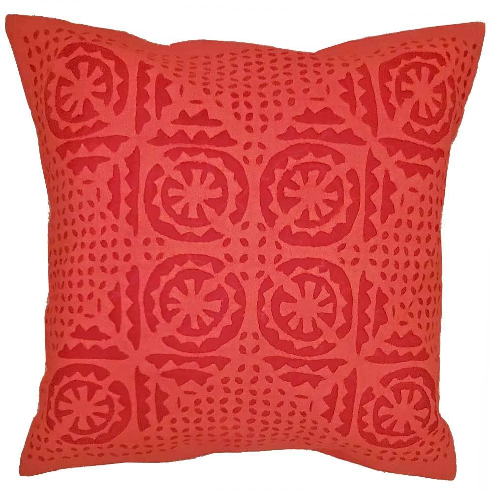 Colorful Indian Cushion Cover with intricate applique stitch embroidery, measuring 16 x 16 inches, perfect for home decor.