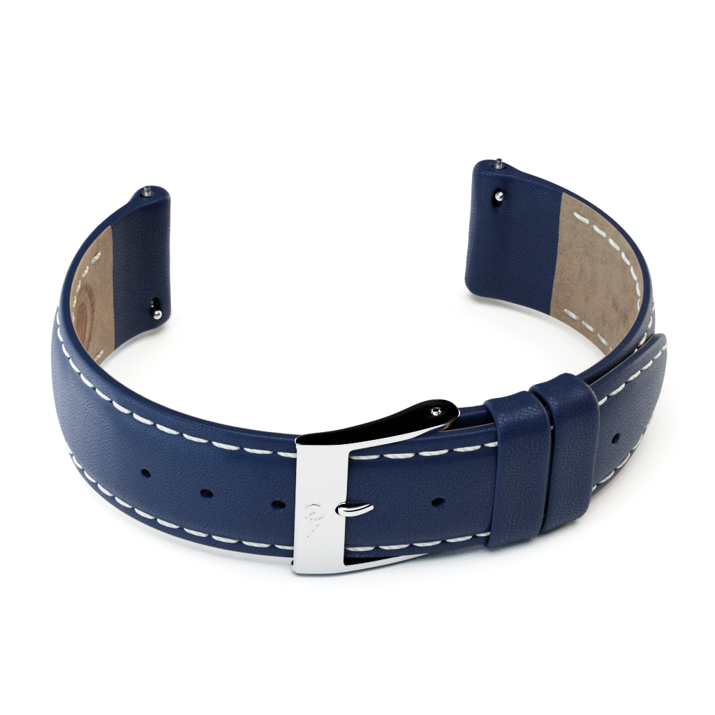 Indigo Leather watch strap with silver gloss finish, featuring stainless steel fittings and adjustable length.