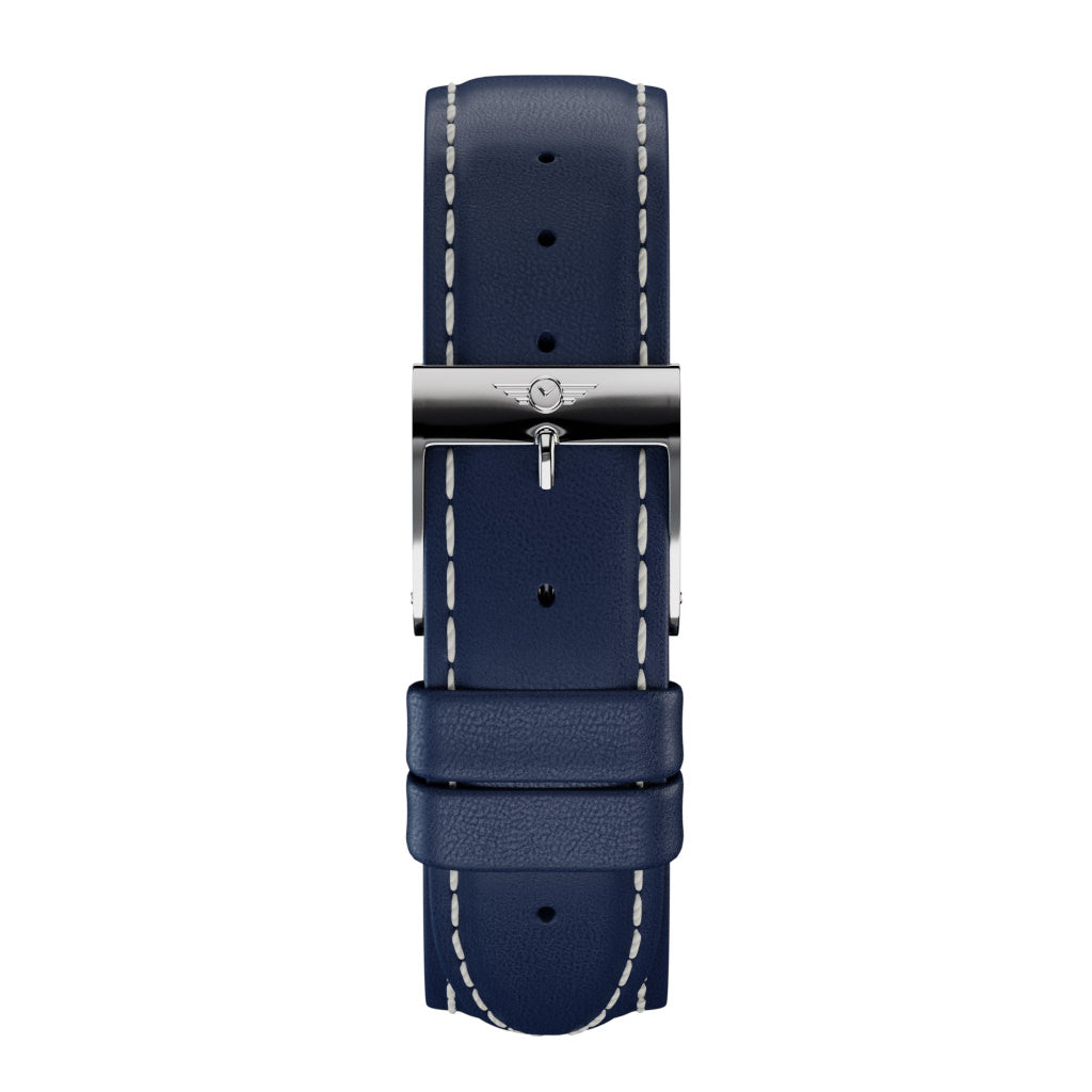 Indigo Leather watch strap with silver gloss finish, featuring stainless steel fittings and adjustable length.