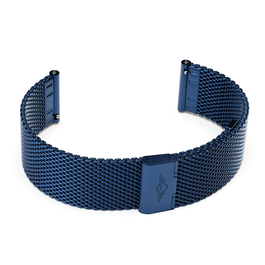 Indigo Mesh Strap made from 316L stainless steel, showcasing its sleek design and adjustable features.