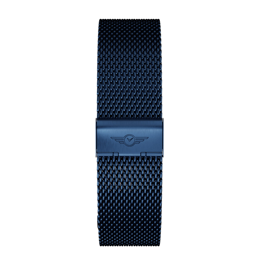 Indigo Mesh Strap made from 316L stainless steel, showcasing its sleek design and adjustable features.