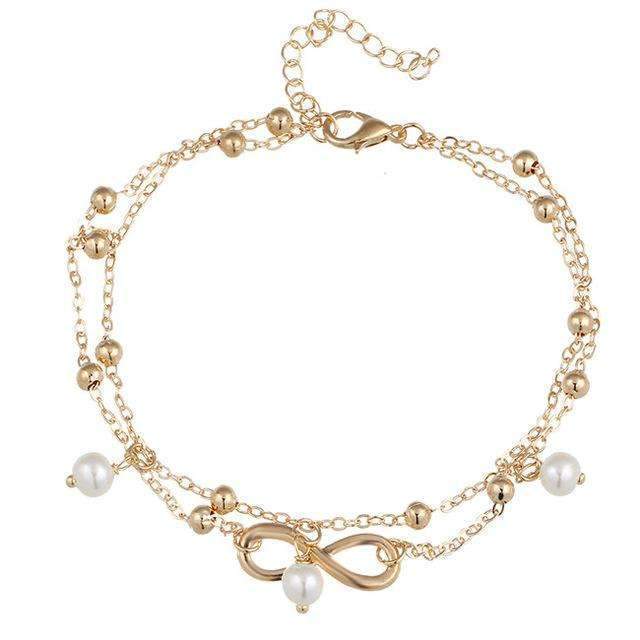 A stylish Infinity Pendent Pearl Anklet featuring a double layer design with simulated pearls and a zinc alloy finish.