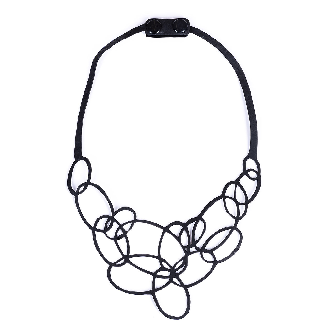 Elegant Infinity Upcycled Inner Tube Necklace made from reclaimed rubber, showcasing unique patterns and textures.