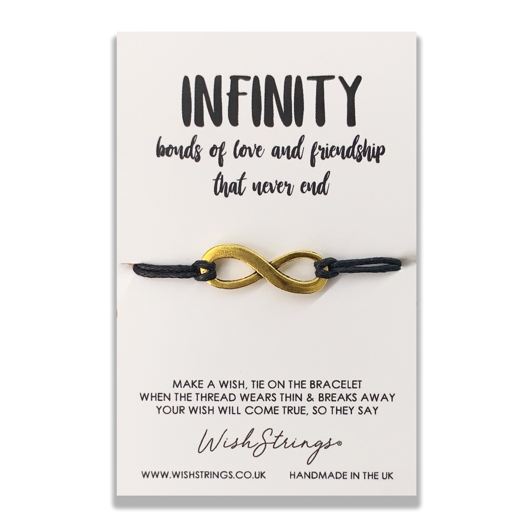 INFINITY WishStrings Wish Bracelet featuring a Tibetan Silver charm on a waxed cotton cord, beautifully presented on a luxury display card.