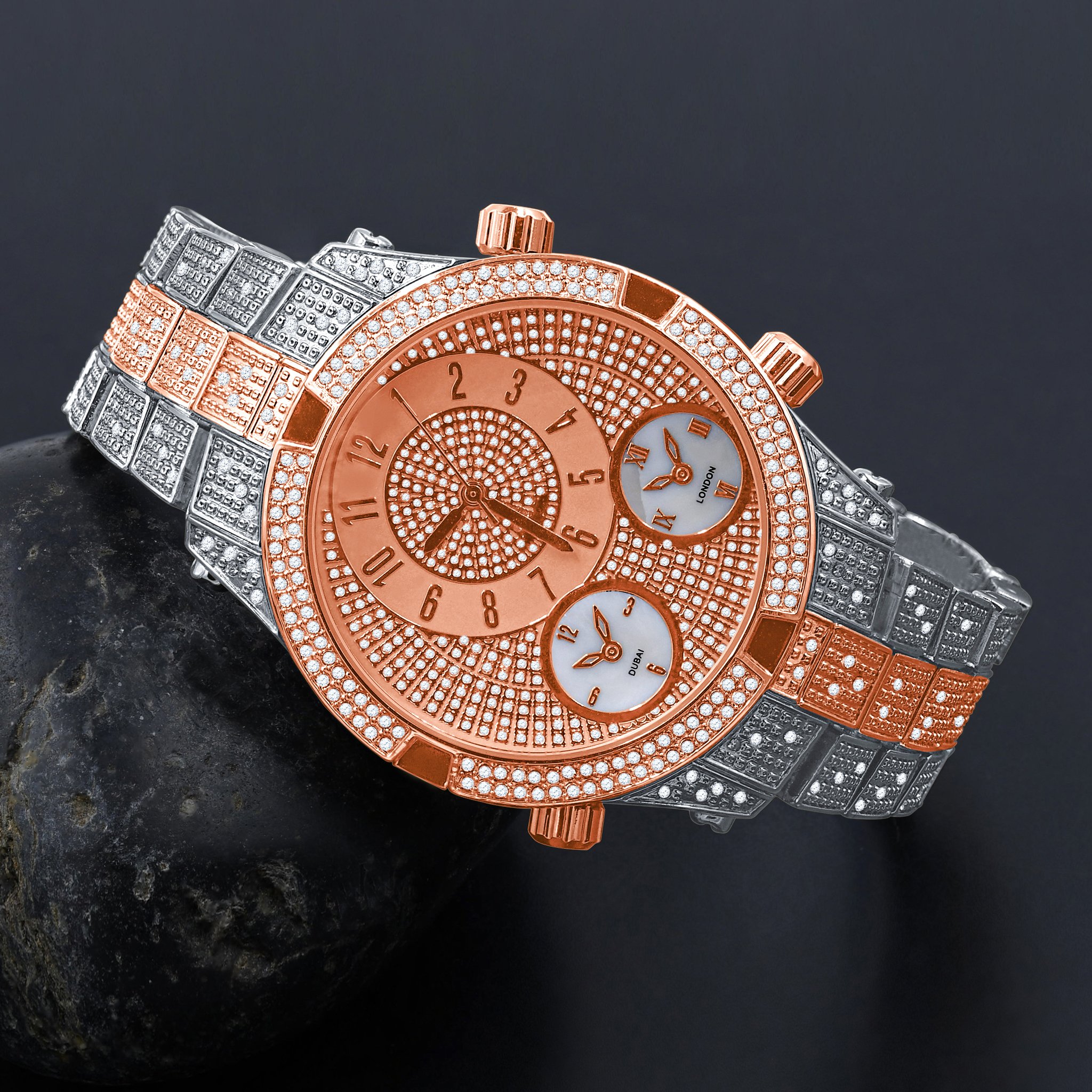 INIMITABLE HIP HOP METAL watch featuring a fully bling metal design with CZ stones and three intricate sub-dials.