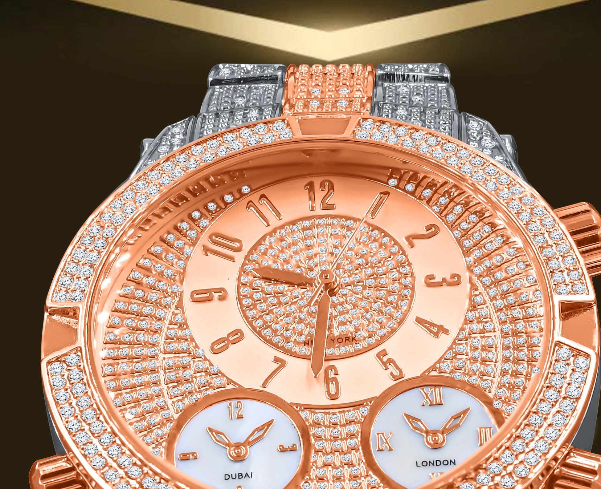 INIMITABLE HIP HOP METAL watch featuring a fully bling metal design with CZ stones and three intricate sub-dials.