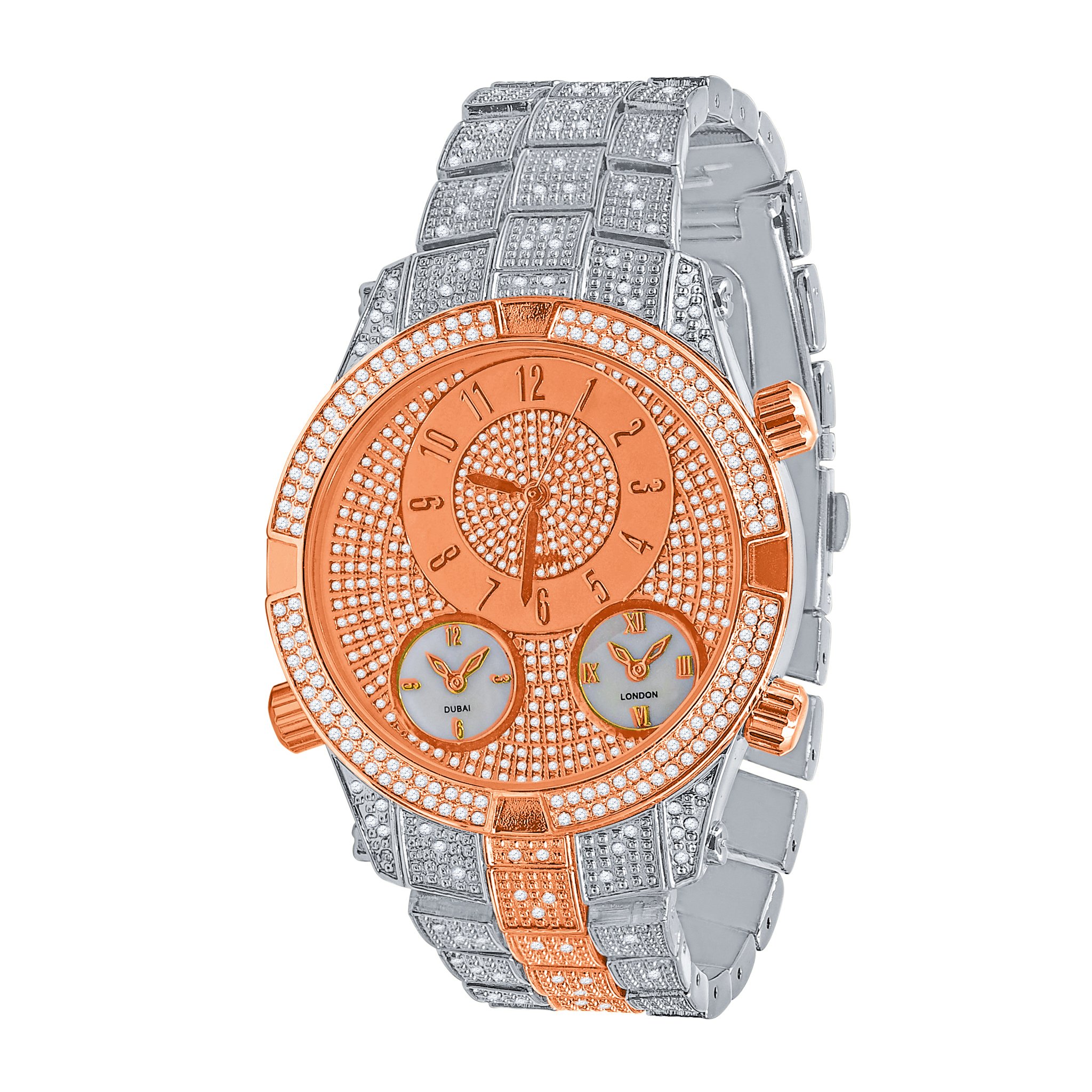 INIMITABLE HIP HOP METAL watch featuring a fully bling metal design with CZ stones and three intricate sub-dials.