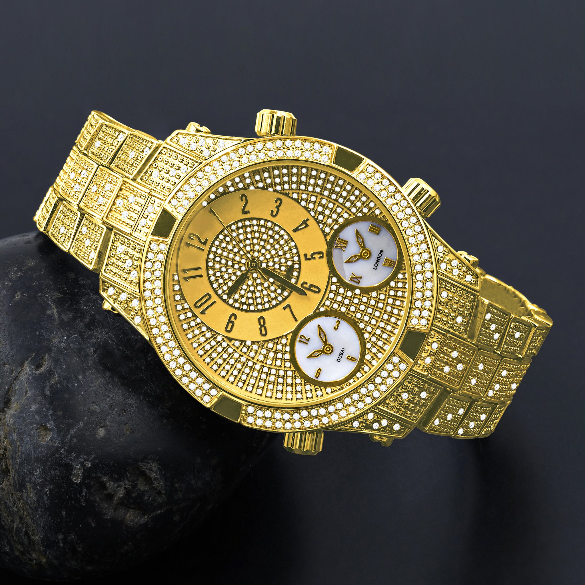 INIMITABLE HIP HOP METAL watch featuring a bling metal design with CZ stones and three intricate sub-dials.